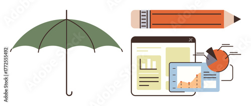 Umbrella symbolizing protection, pencil representing creativity, and charts for data analysis on calculated achievements. Ideal for business strategy, risk management, creativity, analytics