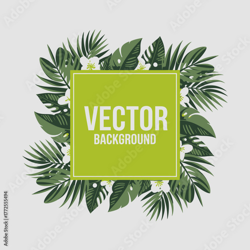 This image offers a vibrant floral background, set in green tonalities with tropical leaves and delicate flowers, creating a lush, fresh atmosphere for various uses.