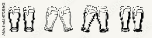 Beer Glass Set Outline Toasting Lager Draft Ale Brewery Pub Drink Beverage Celebration Cheers Alcohol Oktoberfest Brew Party