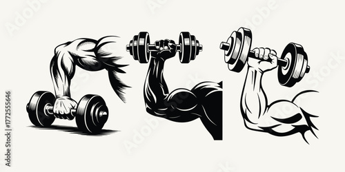Muscular Arm Set with Dumbbell Monochrome Biceps Strength Workout Bodybuilding Power Fitness Sport Gym Exercise Weightlifting Training