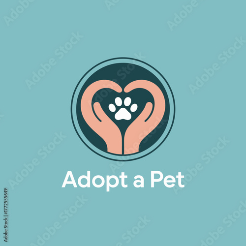This logo features two hands forming a heart shape around a pawprint, representing love and compassion for animals, and promoting the adoption of pets from shelters.