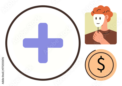 Plus sign for health, person holding identity mask, and dollar coin symbolizing finance. Ideal for healthcare, identity, money, well-being, self-expression insurance balance. Simple flat metaphor