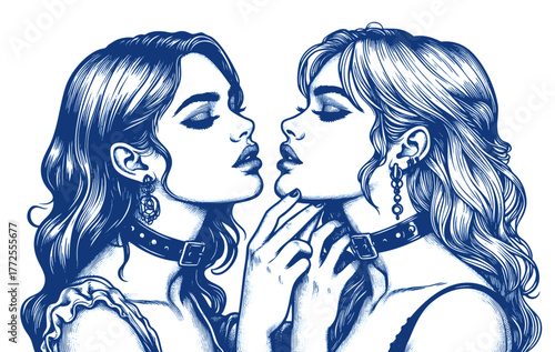 two women with closed eyes in love, wearing chokers and elegant earrings. sketch engraving generative ai fictional character vector illustration. Scratch board. Black and white image.