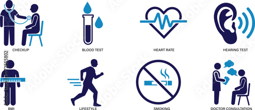 Medical examination and healthy lifestyle icon set collection showing wellness, checkup, and healthcare concepts. Perfect for hospital, fitness, and wellbeing projects.