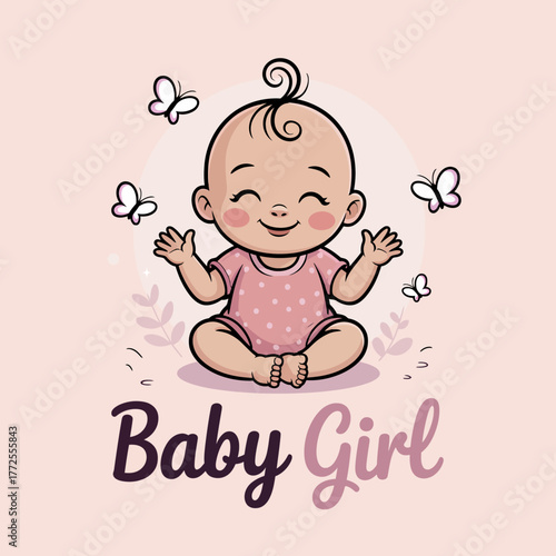 An adorable baby girl sits happily with butterflies around her, evoking a sense of joy, innocence, and playfulness, making it a perfect representation for baby-themed products.
