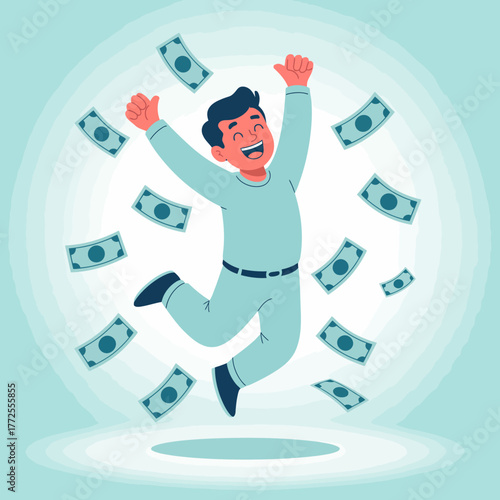 A joyful man leaps in excitement amidst floating dollar bills, representing financial success and the celebratory spirit of achieving one's dreams and goals.