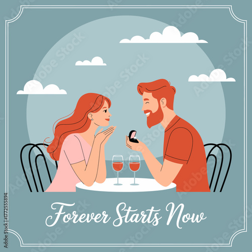 A joyful couple shares an intimate moment at a romantic dinner, with wine glasses on the table and an engagement ring displayed, encapsulating love and excitement.