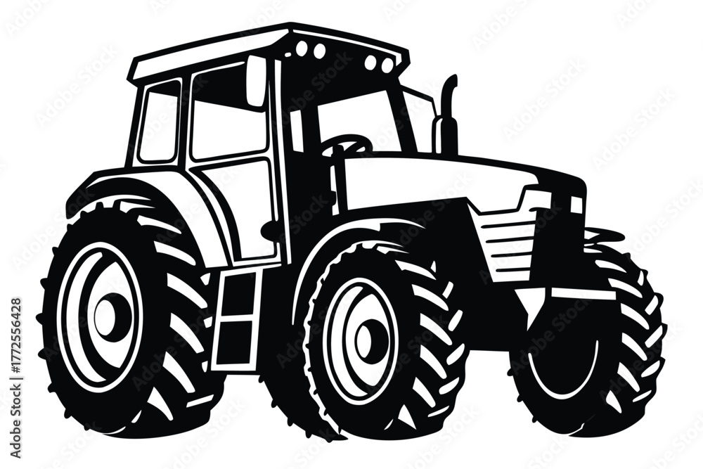 Obraz premium A monochrome tractor featuring tires and cabin shows the power of agricultural machinery