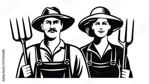 Black and white farmer couple wearing hats holding pitchforks stands closely together proudly