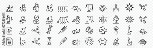 Science, research, and biology outline icon set – scientist, experiment, DNA, molecule, bacteria, virus, pH, thermometer, animal testing symbols, Biology and Microbiology Research Outline Icons Set