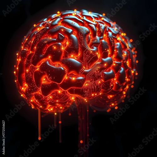 Glowing neural brain with circuitry: futuristic AI technology artwork for tech and science projects
