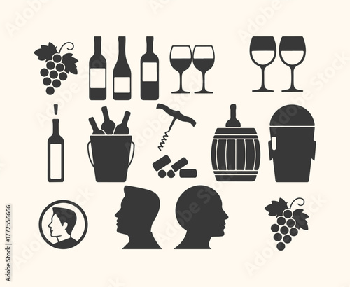Collection of wine and beverage related icons including bottles, glasses, grapes, barrel, and corkscrew