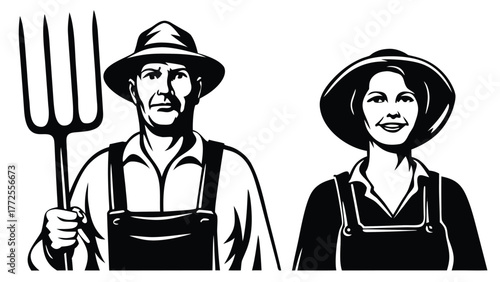 Monochrome shows a Caucasian male holding a pitchfork with a Caucasian female near him