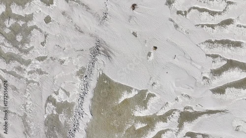 Top down video f a gray desolate beach.