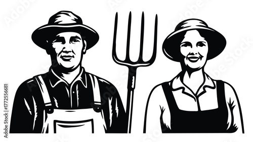 Male and female farmers are smiling, wearing hats and overalls, alongside a pitchfork