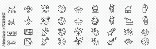 Space exploration, astronomy, universe outline icon set – satellite, rocket, planet, astronaut, telescope, galaxy, star, cosmic travel symbols, Astronomy and Space Exploration Outline Icons Set