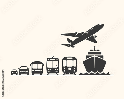 Set of transportation icons including car, bus, train, airplane, and ship