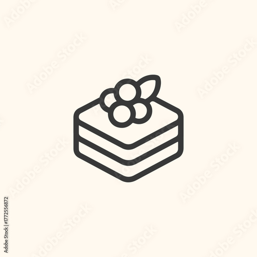 A simple line art icon of a slice of cake with berries on top, isolated on a light cream background
