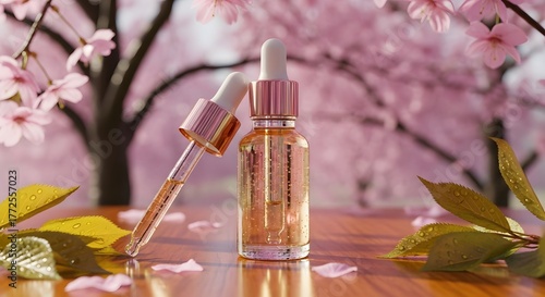 Luxury Skincare Serum Bottle with Cherry Blossoms | Ultra-Realistic Spring Beauty Product Photography
