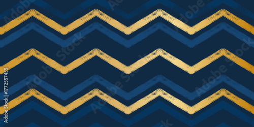Gold and blue Christmas pattern, zigzag stripes seamless vector background. Abstract chevron lines, striped lines print