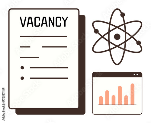 Vacancy document next to atom structure and analytics chart window. Ideal for recruitment, job searching, career, science careers, data analysis, education, workforce development. Simple flat