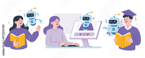 Education and AI illustrations with robots and books