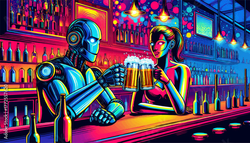 two humanoid robots enjoying frothy mugs of beer at a bar, symbolizing fun and futurism. Generative ai vector colorful pop art illustration.