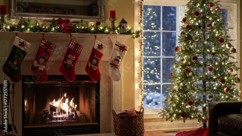 Cozy Living Room With Lit Fireplace and Decorated Christmas Tree on Snowy Evening