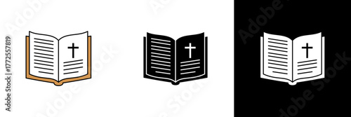 An open Bible illustration with a cross on its pages, representing faith, spirituality, and devotion. Available in colored, black, and white versions for religious or church-related designs.