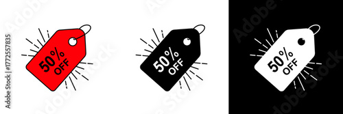 Bright red discount tag labeled “50% OFF” with rays around it. Ideal for sale promotions, marketing materials, and retail advertising graphics.