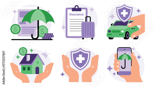 Insurance and protection icons with financial elements