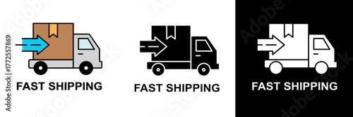 Truck carrying a parcel with speed arrows indicating express delivery. Excellent for e-commerce, logistics, or quick service ads.