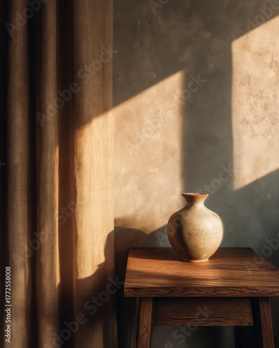A vase is sitting on a wooden table