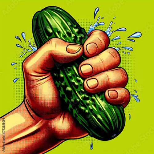 strong hand squeezing a cucumber with exaggerated juice splash on vibrant yellow background for humor or impact. Generative ai vector colorful pop art illustration.
