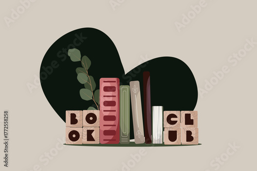 A basket with books, a eucalyptus branch, and wooden blocks. Bookstore, book club, book lover, reading, interior design concept. Isolated vector illustration.
