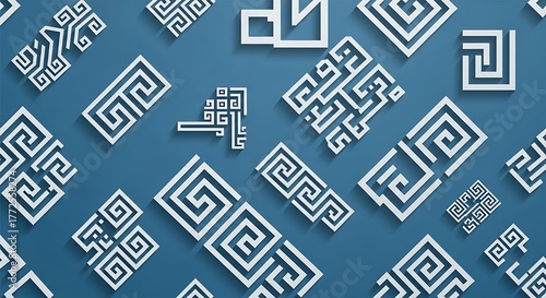 Abstract Geometric Pattern with White Labyrinth Shapes on a Blue Background.