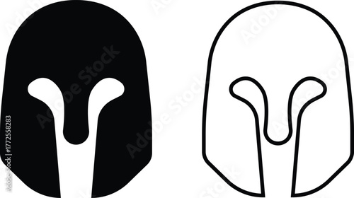 Spartan helmet icon set in black flat and outline styles. Ancient warrior helmets vectors, trojan signs. minimalist greek armor design and medieval protection symbols illustration for logo and emblem.