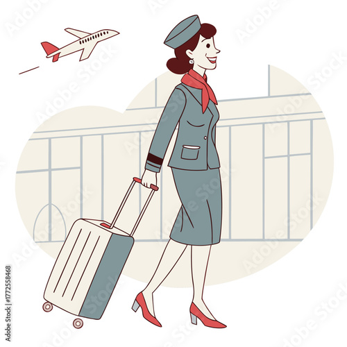 Smiling stewardess in uniform pulls her luggage as a passenger plane flies overhead