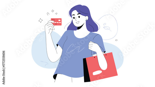 Woman Holding Credit Card And Shopping Bag Keywords: woman, credit card, shopping bag, purchase