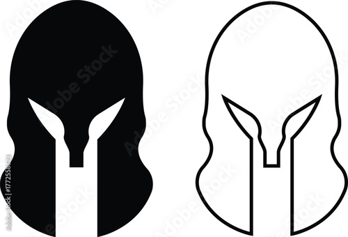 Spartan helmet icon set in black flat and outline styles. Ancient warrior helmets vectors, trojan signs. minimalist greek armor design and medieval protection symbols illustration for logo and emblem.