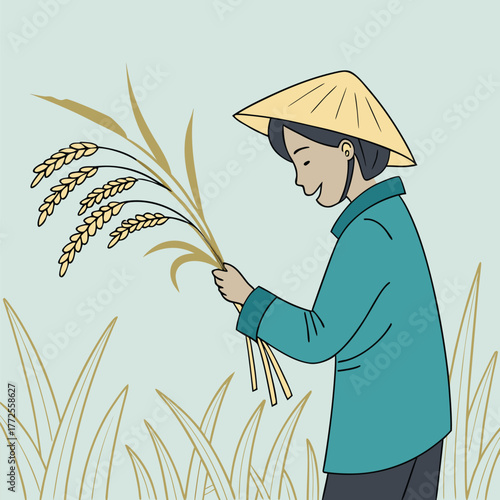 Asian woman harvesting rice field wearing a traditional conical hat with golden plants