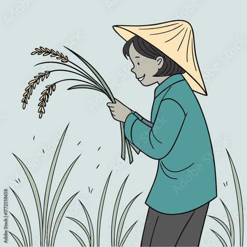Smiling Asian woman harvests rice crop in a field wearing traditional conical hat