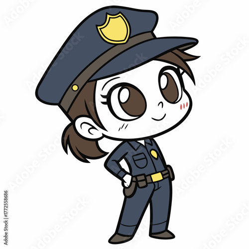 Chibi female officer with brown hair smiles confidently with hands on hips, poised