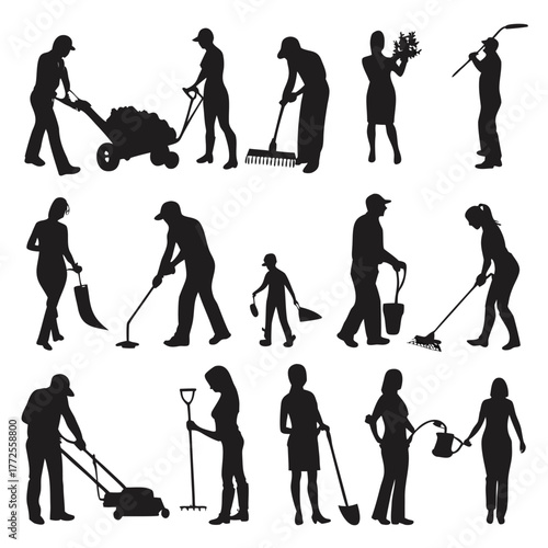 Diverse silhouettes show individuals working on various yard work tasks and maintaining the landscape