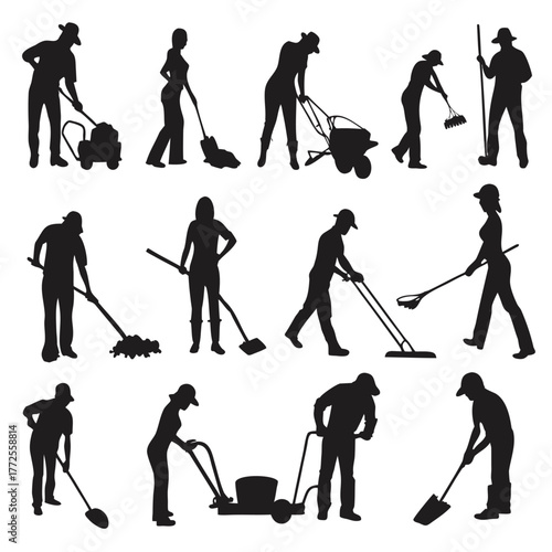 Black silhouettes of varied people doing yard work represent outdoor household chores today