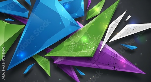 Abstract geometric shapes in vibrant colors on a dark background.