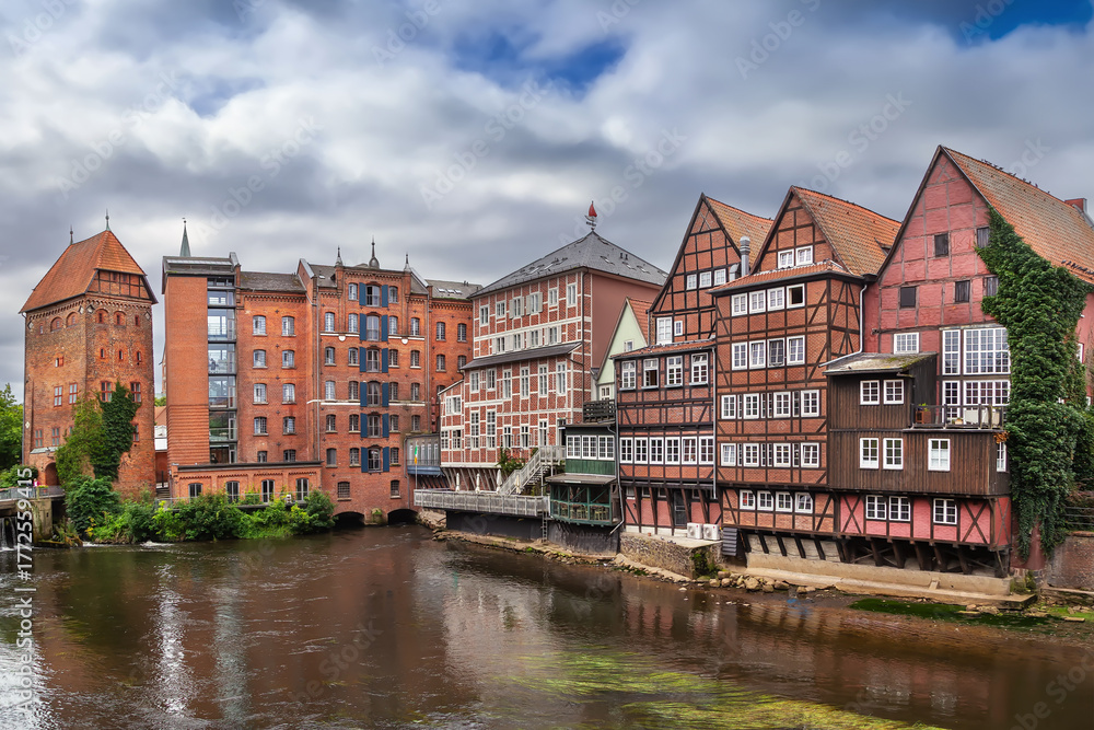 Fototapeta premium Ilmenau River embankment in Luneburg, Germany