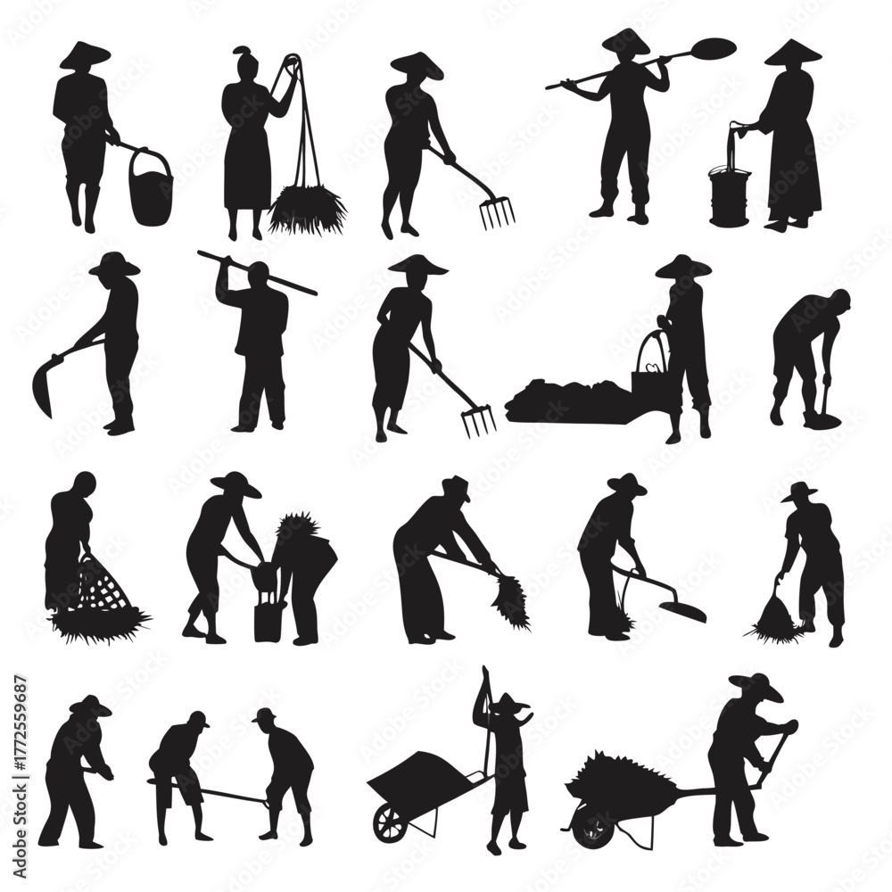 Obraz premium Silhouette art shows Asian workers with traditional conical hats farming and using various equipment