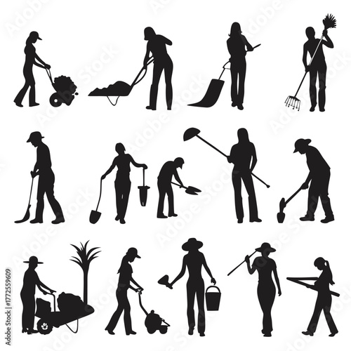 Black silhouettes show multiple women gardening using various tools and implements effectively outdoors