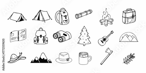 Collection of hand drawn outdoor adventure and camping equipment icons for travel and recreation